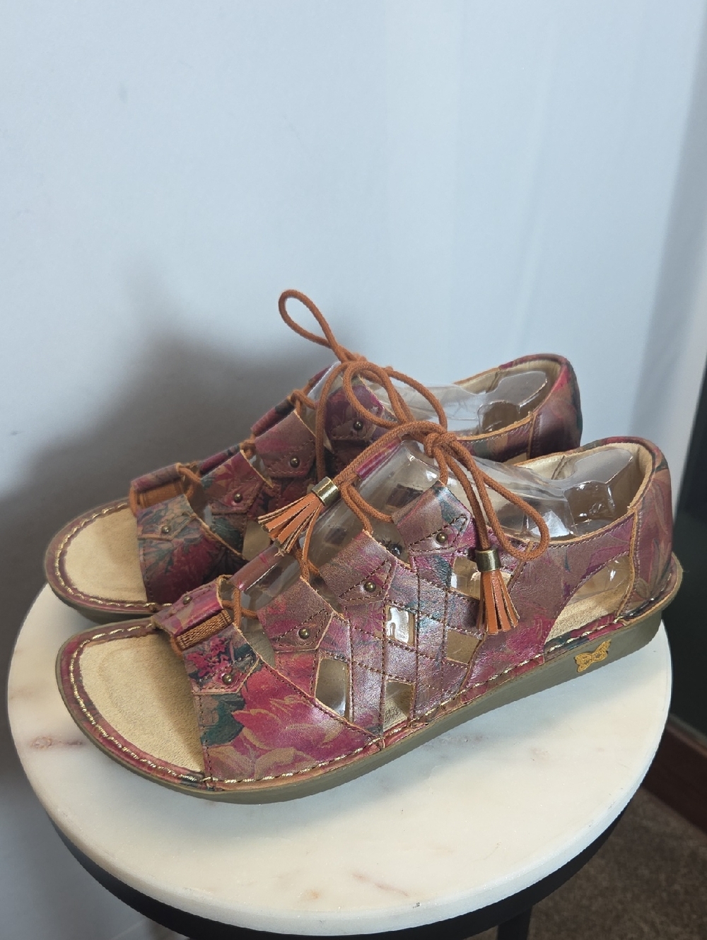 Alegria Floral Leather Lace-Up Sandals in Pink and Brown Size 39